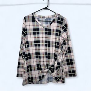 Plaid V-Neck Long Sleeve Twist Knot Top Gray/Black/Yellow/Red/Cream Size Large